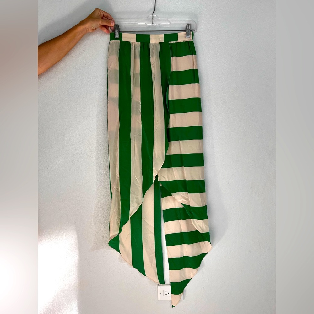 Juan Carlos Obando Cream and Green Striped Wrap Effect Silk Midi Skirt